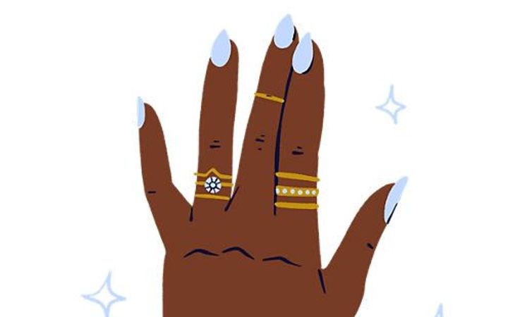 A hand-drawn illustration of a hand with multiple yellow gold rings on.